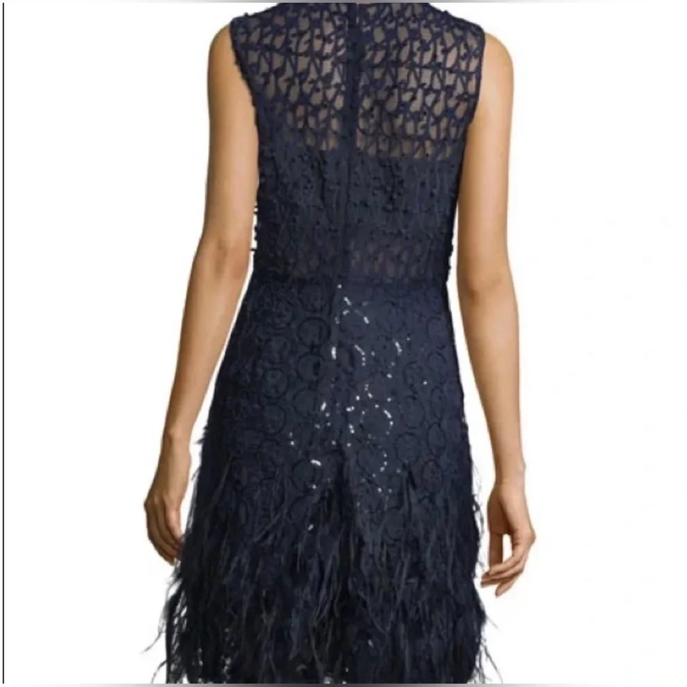 Elie Tahari Annabelle Feather-Trimmed Embellished Gauze Dress Navy Blue 0 - Picture 2 of 9